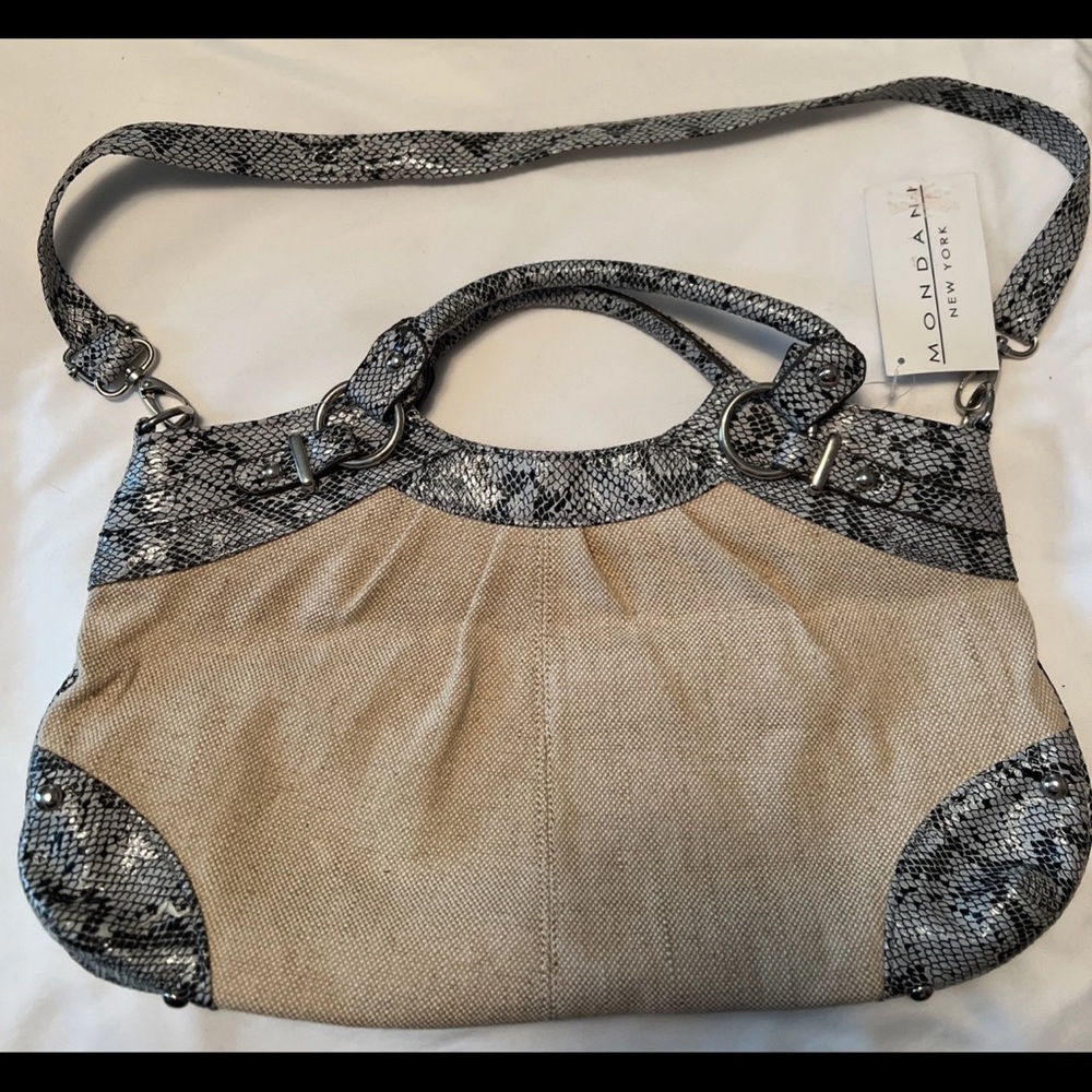 Mondani Beige & Snakeskin Shoulder Bag/Double Handle & Removable Shoulder Strap